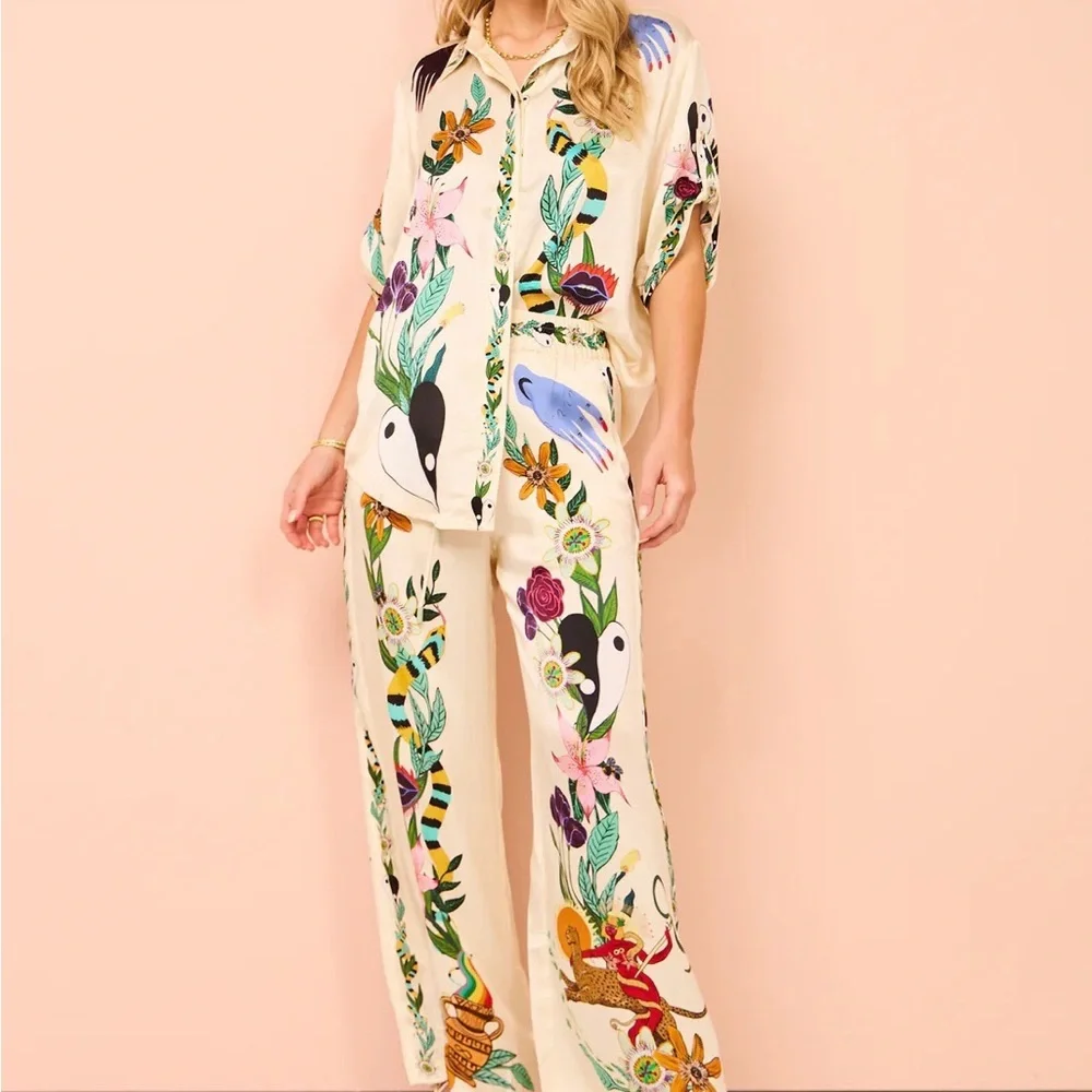 Zimmermann Floral & Animal Print Cream Wide-Leg Two-piece set - Picture 1 of 4